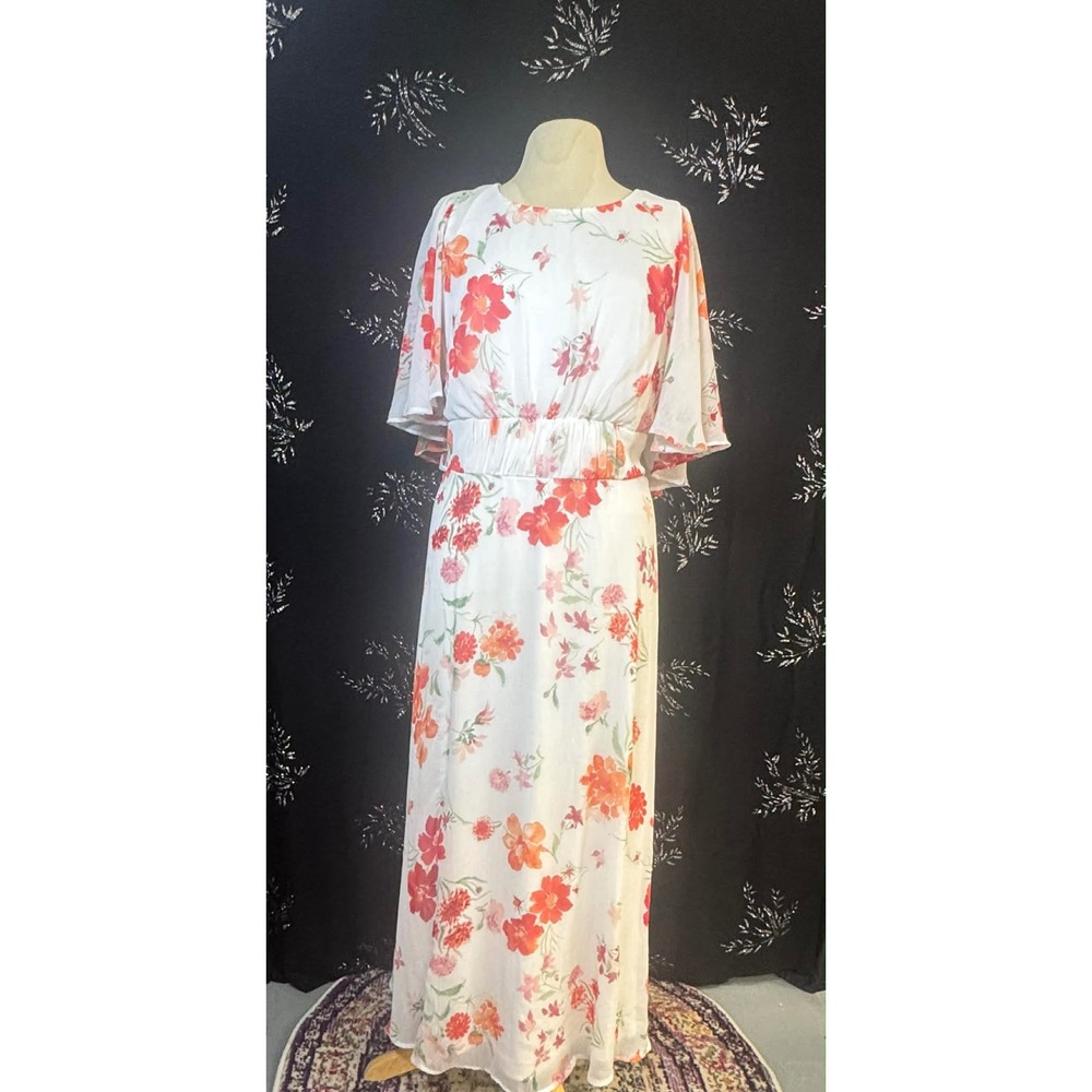 Calvin Klein Women White Orange Floral Flutter Sleeve‎ Maxi Dress Size 14W